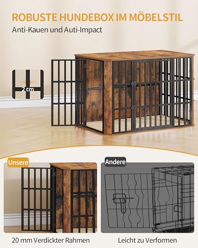 Hzuaneri Hundekäfig Möbel, Hochbelastbar Hundebox aus Holz für den Innenbereich mit Futtertür Oben, Mehrtür-Design, Großer Hundekäfig-Beistelltisch, 120 x 75 x 81 cm, Vintage Braun DFC86801B