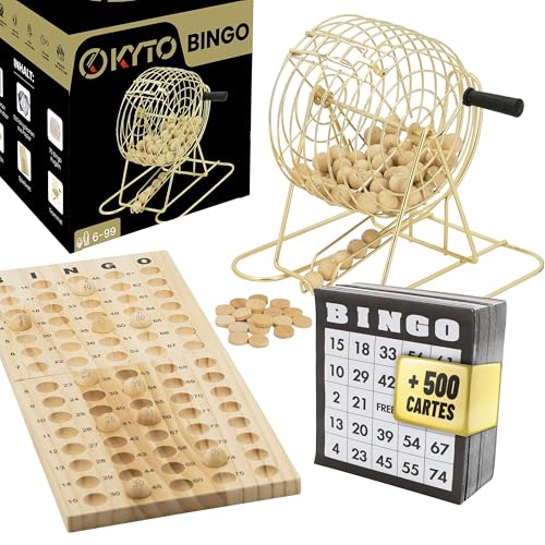 Kyto Grand Jeu de Bingo doré en métal avec 150 jetons, 75 balles de Bingo et Plateau de Jeu en Bois, 18 Cartes de Bingo Stables + 500 Cartes de Bingo en...