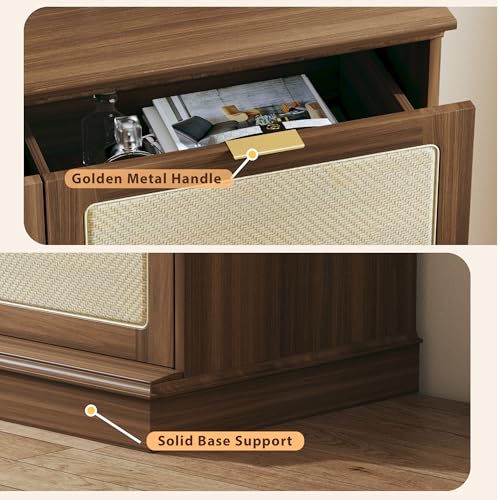 Image of HUAHUU 9 Drawer Dresser for Bedroom, 60 Inch Long Dressers & Rattan Chest of Drawers, Boho Style, Large TV Stand for 55, 65, 70 Inch TV, for Bedroom, Living Room, Entryway, Hallway, Walnut