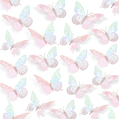 Image of SAOROPEB 3D Wall Decor - 48 Pcs, 4 Styles, 3 Sizes - Laser Pink Butterfly Decorations for Birthday Parties, Removable Stickers