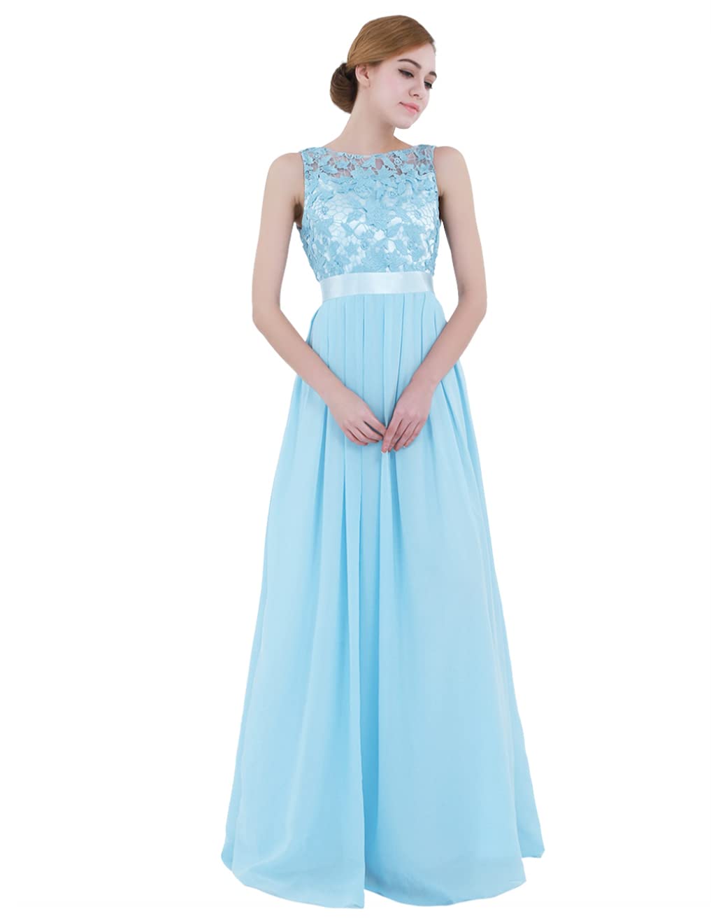 Feeshow Women's Sky Blue Elegant Floral Lace Chiffon Bridesmaid Dress Sleeveless Zipper Wedding Prom Ball Long Gown Dress 14