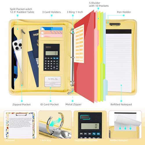 Image of Ospelelf Leather Clipboard Binder with Storage - 3 Ring Zippered Padfolio Portfolio Folder - Calculator, 12.1 inch Tablet Sleeve, 5 Dividers with Pocket, Refillable Notepad, Card Slot (Floral)