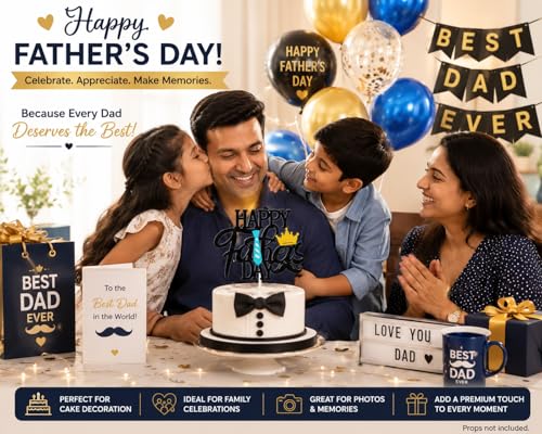 Image of Festiko Happy Father's Day Cake Topper for Dad Birthday Decoration, Best Dad Ever Cake Topper with Crown & Tie Design, Double Sided Black Glitter 350 GSM Party Supplies India