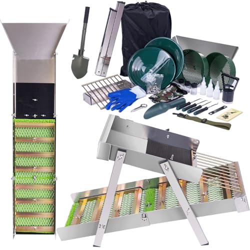 3 in 1 Highbanker Gold Panning Kit Deformable 50 Folding Gold Sluice Box Portable Mining Equipment for Adults 34pcs Includes Gold Pan Classifier Screen Magnet Backpack & Accessories