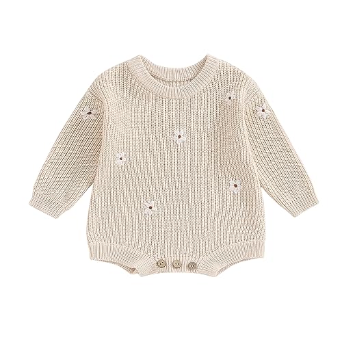 SAYOO Baby Sweater Romper Toddler Girl Oversize Embroidery Knit Pullover Sweater Warm Sweatshirt Romper Fall Winter Clothes (Milky White, 0-3 Months)