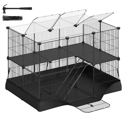 SONGMICS 2-Tier Small Animal Playpen Cage with Waterproof Mat Top and Side Door for Rabbits Guinea Pigs 35 Panels 93 x 63 x 61.5 cm Ink Black LPI016BH01