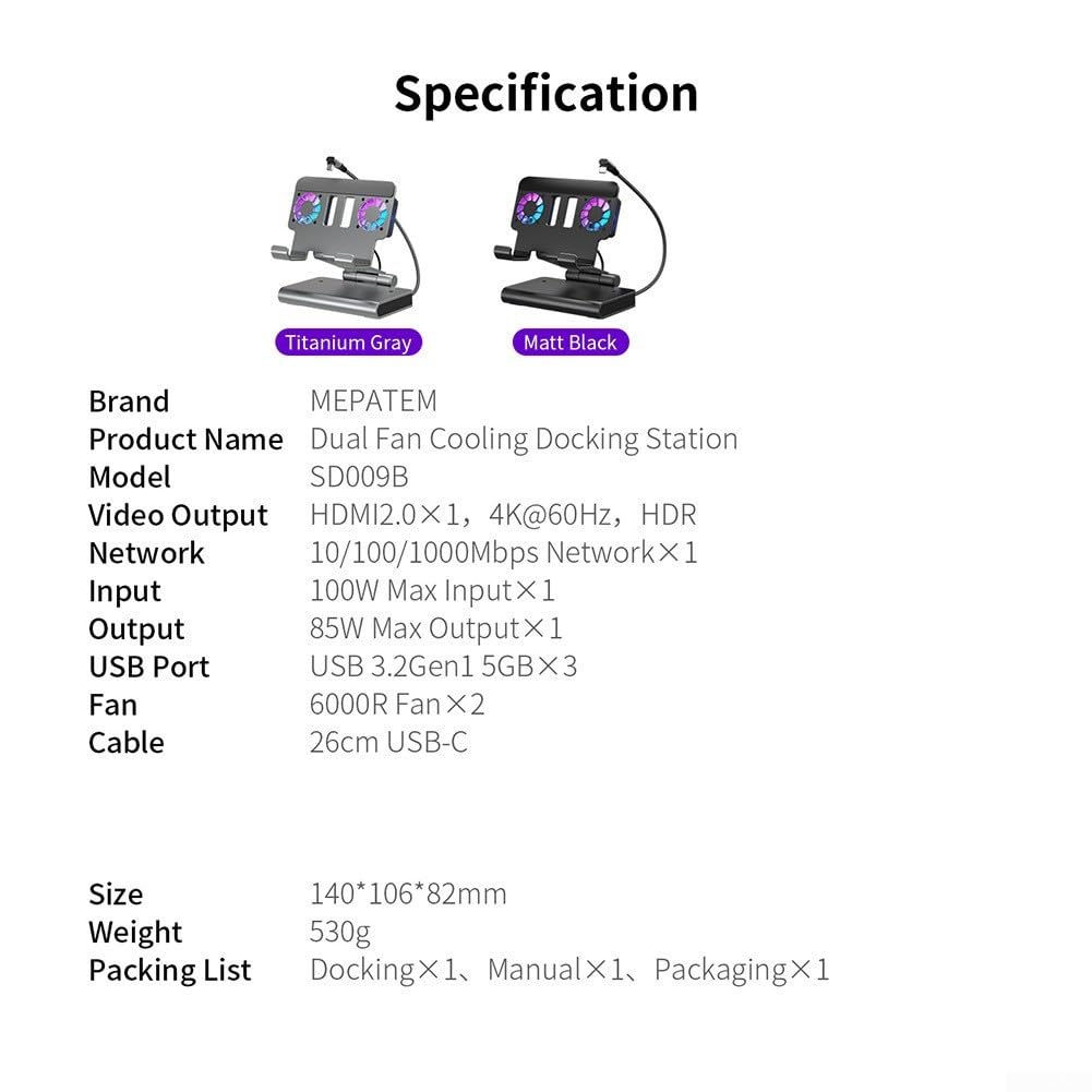 Dock di raffreddamento per OneXPlayer APEX, stazione Gigabit Ethernet 4K a 60 Hz, base multifunzione, hub USB, accessorio per console di gioco, ricarica rapida (nero)