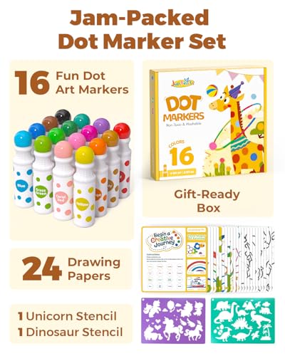 JUPITEARTH Bingo Markers,16 Farben Auswaschbar Dot Marker für Kinder(60ml) Stempel mit 120 PDF,12 bedruckten Aktivitätsblättern,Bingo stift für Kinder-Kunstaktivitäten