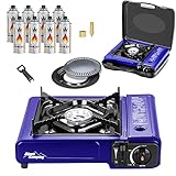 Mianova Campingkocher Outdoor Gaskocher BBQ Anzünder Grill Notfallkocher Gaskartuschen Gas Kocher Herd 1 flammig Set Blau Grillplatte 8 Gasflaschen Kartuschen