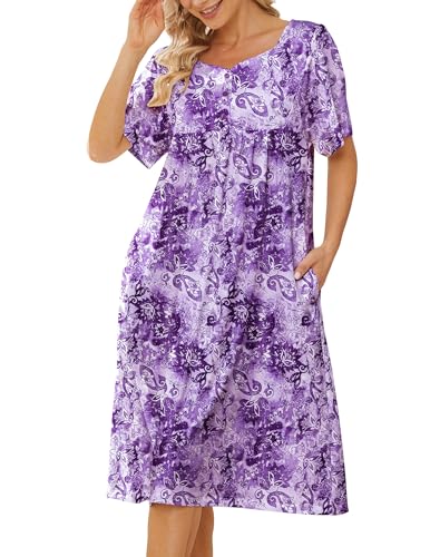 Image of House Dresses for Women with Pockets Mumu Dresses Short Sleeve Moo Moos for Women Nightgown Duster Lounge Dress S-3XL