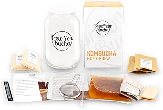 Brew Your Bucha Complete Kombucha Homebrew 4 Liter Kombucha Starter Kit【for 2 Brews】with Videos, Recipes, Educational Blog, Live Chat Assistance. Includes Scoby Live Culture, Raw Kombucha Jar, & More