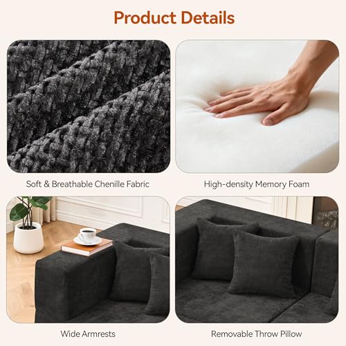 Image of MONVANE 130'' Modular Sectional Cloud Couch for Living Room, 6 Seater Convertible Chenille Couches Set with Ottoman & Pillow, No Assembly Compression Sofas, Comfy Floor Sofa with Memory Foam, Black