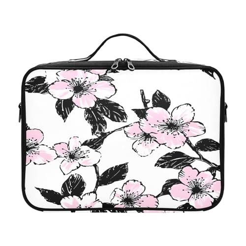 zyrtty Travel Makeup Train Case Pink Black Flower Pattern Cosmetic Organizer Portable Storage Bag with Adjustable Dividers for Cosmetics Brushes Toiletry Jewelry Digital Accessories