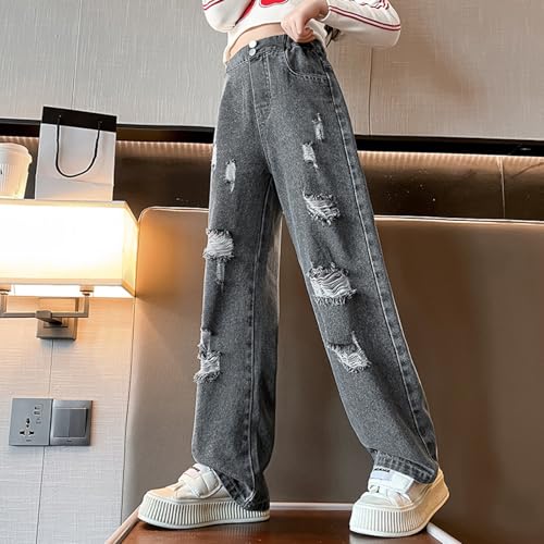 Girls Ripped Jeans Straight Leg Baggy Button Denim Pants Elastic Waist Trousers Casual Trendy Streetwear with Pockets3