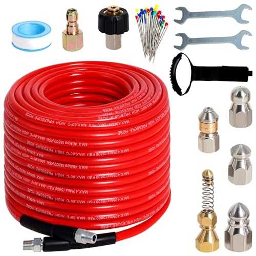 Sewer Jetter Kit for Pressure Washer 150FT, 5800PSI Drain Cleaner Hose 1/4 Inch NPT Corner with 5 Sewer Jetting Nozzles,Waterproof Tape,Pearl Corsage Pin & 2 Spanners (Red)