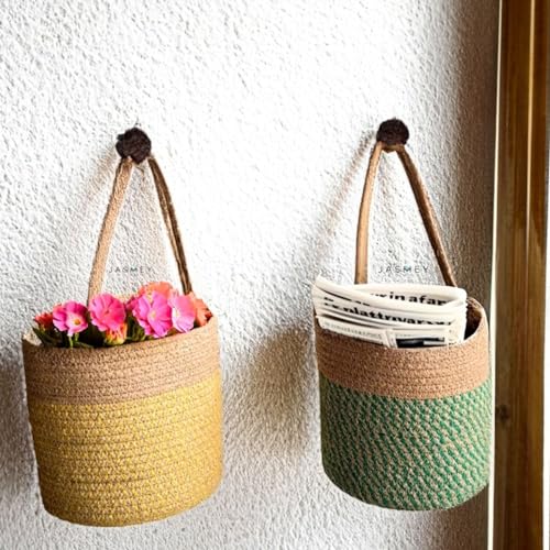 Image of JASMEY HOMES Wall Hanging Jute Basket for Vegetables /Newspaper Storage Box for Home /Milk Basket for Main Door Hanging from (Green & Yellow)