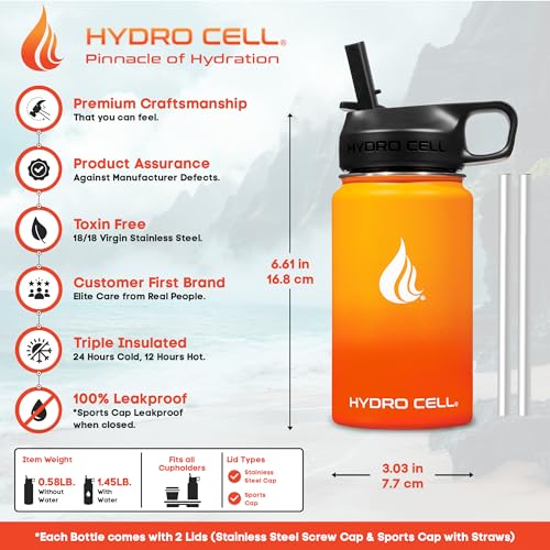 Image of HYDRO CELL Stainless Steel Insulated Water Bottle with Straw - For Cold & Hot Drinks - Metal Vacuum Flask with Screw Cap and Modern Leakproof Sport Thermos for Adults (Red /Orange 14oz)