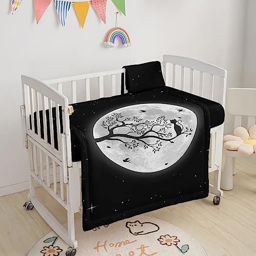 Image of Moon Theme Cat Branch Printed Nursery Crib Bedding Set, 3pcs - Comforter, Crib Sheet & Crib Skirt for Baby Boys and Girls