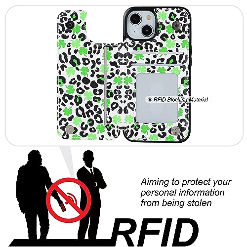 Image of HAOPINSH for iPhone 13 /14 Wallet Case with Card Holder, Clover Leopard Cheetah Pattern Back Flip Folio PU Leather Kickstand Card Slots for Women Girls, Double Magnetic Clasp Shockproof Cover 6.1 inch