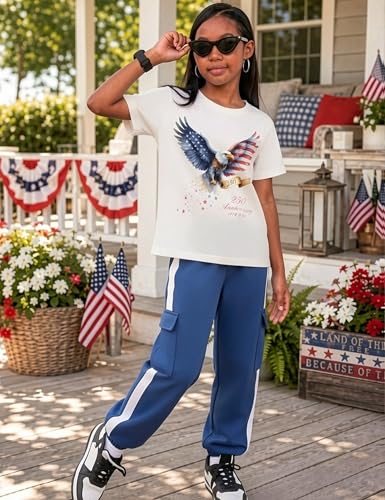 Image of Girls 2 Piece Outfit, Graphic Short Sleeve T-Shirt and Cargo Jogger Sweatpants Set, Ages 4-13