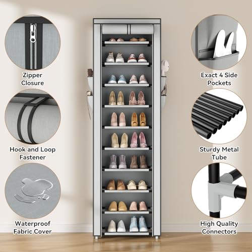 Image of ROJASOP Shoe Rack with Covers 10 Tier Large Shoe Organizer Tall Shoe Closet Storage for 20-22 Pairs Shoe and Boot, Free Standing Shoe Rack Organizer for Closet, Entryway, Bedroom, Grey