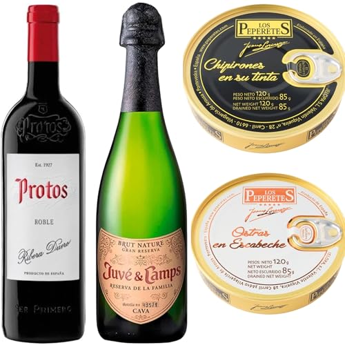 Pack Gourmet Navidad | Cava Juvé & Camps Reserva de la Familia | Vino Tinto Protos Roble 75cl | Lata de Ostras Peperetes | Chipirones en su tinta | Regalo elegante