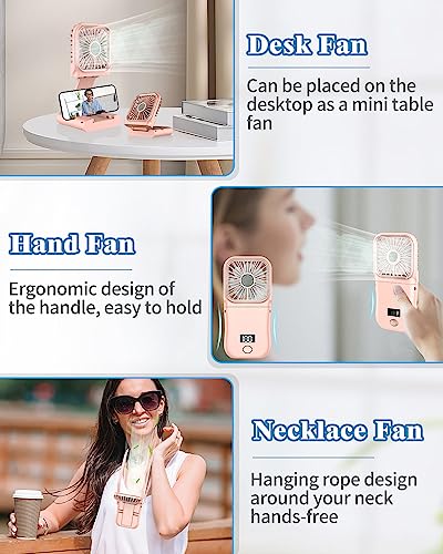 Hand Held Fan Rechargeable,Mini Fan Portable Fan Battery Powered Fan with 3 Speed, Table Fan Small Desk Fan, Cordless Personal Fan, 180°Folding Hand Fan Summer Gifts for Women Girls Kids Pink