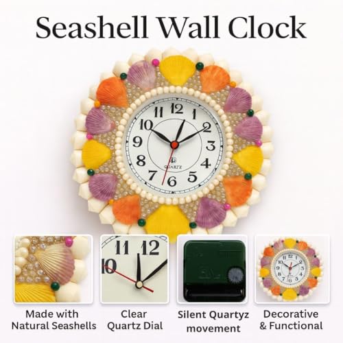 Image of Sea Shell Wall Clock for Hall | Multi Colour | Decorative Coastal Wall Clock | Ocean Theme Home Decor Clock for Home | Silent Non-Ticking Analog Wall Watch for Living Room & Bedroom