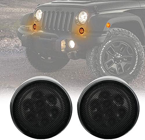 SUNPIE Amber Front LED Turn Signal Light Assembly for 2007~2016 Jeep Wrangler JK Turn Lamp Fender Flares Eyebrow Indicator Side Maker Parking Lights Bulb Smoke Lens Pack of Two