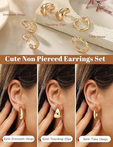 BESTEEL 3Pairs Clip on Earrings for Women Trendy Hypoallergenic 14K Gold Plated Chunky Tube Croissant Waterdrop Clip-on Hoop Earrings Set Fake Jewelry Non Pierced Ears4