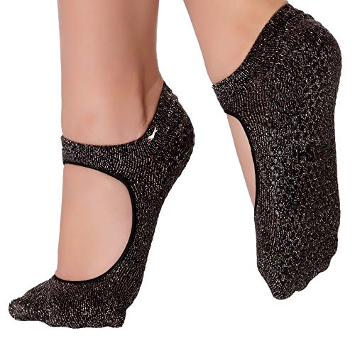 SHASHl Fashion Socks for Women â€“ Black Fashion Socks for Girls with a Silver Thread Trim - Mary Jane Style Non Slip Pilates Socks â€“ Grip Fashion Ankle Socks for Dance, Yoga, & Barre Socks (S)