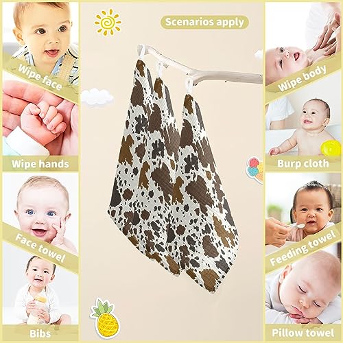 Image of YETTASBIN Cow Print Muslin Baby Hand Washcloths, Soft Cotton Bath Face Towel, 4 Layers Extra Absorbent Feeding Burp Cloth for Newborn Infant Sensitive Skin, 5 Pack