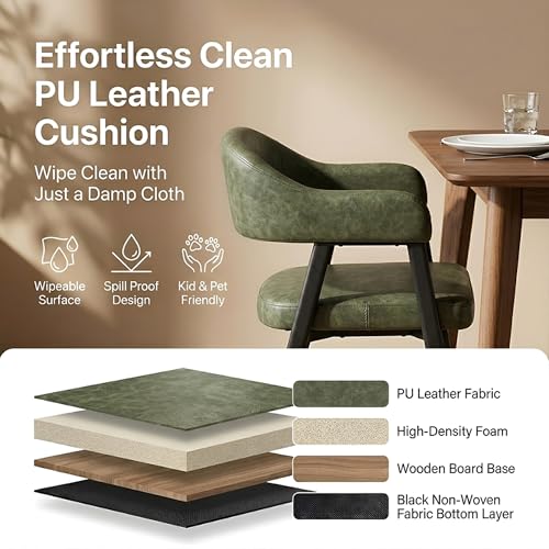 Image of HNY Modern Dining Room Arm Chairs Set of 2, Green Retro Faux Leather Upholstered Barrel Dining Chairs with Arms Mid-Century Accent Chair with Metal Legs, Open-Back Kitchen Side Chairs for Living Room