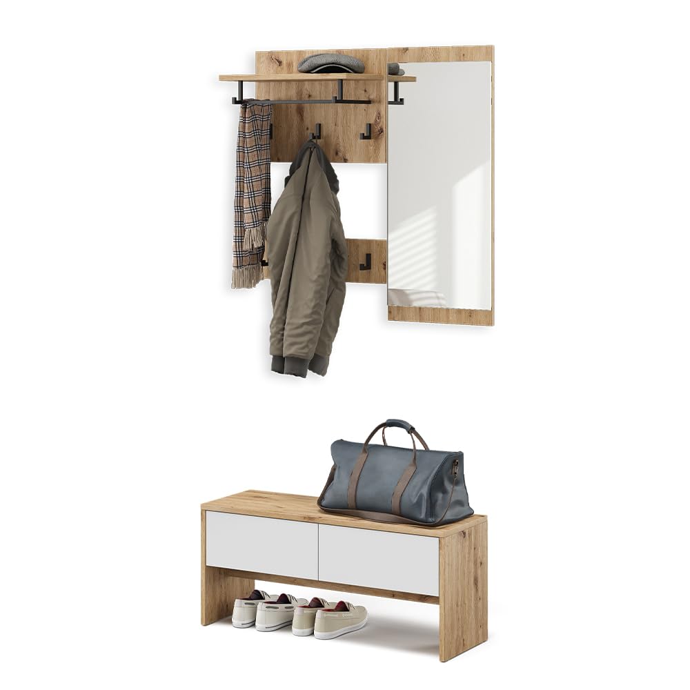 Vicco Armadio da ingresso Selena, Bianco/Artisan, 90 x 40 cm 4 parti, per montaggio a parete per un'organizzazione salvaspazio nell'ingresso