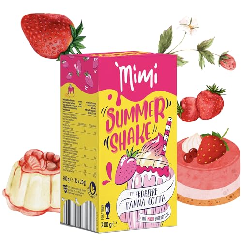 Mimi Summer Shake Fresa Panna Cotta, 8 x 200 g de 10 porciones, fácil de preparar con leche o sustitutos de leche, refrescante bebida de verano, bebida soluble en polvo para la familia