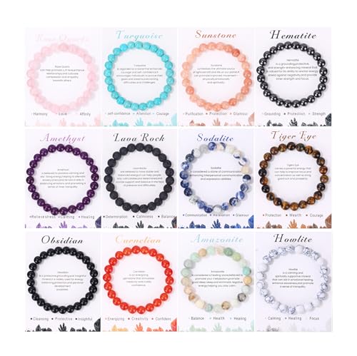 SAMOCO 12Pcs Crystal Stone Beaded Bracelets for Women Men Semi-Precious Gemstones Bracelets Crystal Beaded Bracelet Unisex Adjustable Stretch Bracelets 8MM