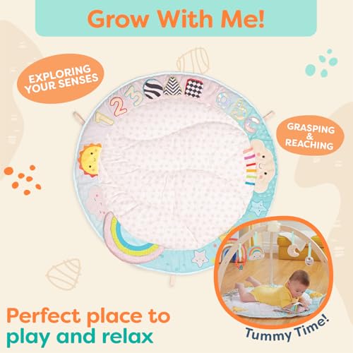 Image of B. toys Wooden Baby Gym, Sunrise to Sunset Play Mat with Toys | Soft organic cotton mat, wooden arch, 5 sensory toys, mirror, tummy time activities, movable hangers, Newborn