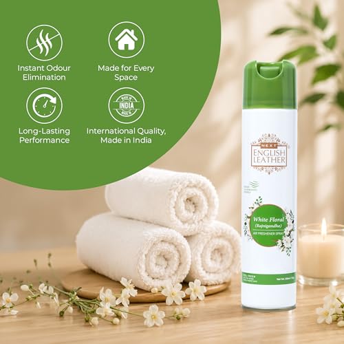 Image of Next Care English Leather White Floral Room Air Freshener Spray 220ml | Premium Home Fragrance Spray | Elegant Floral Aroma for Home Office Car Bathroom | Pack of 1
