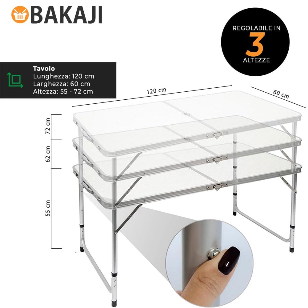 BAKAJI Set Tavolo Pieghevole 120x70 cm con 4 Sgabelli da Pic Nic per Campeggio Spiaggia