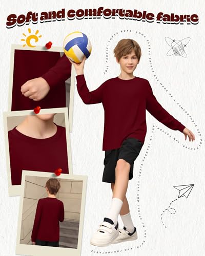 3 Pack Long Sleeve Shirts for Boy Crewneck Cotton Youth Undershirts Loose Kids Tops Fall Basic Tee Pullover4