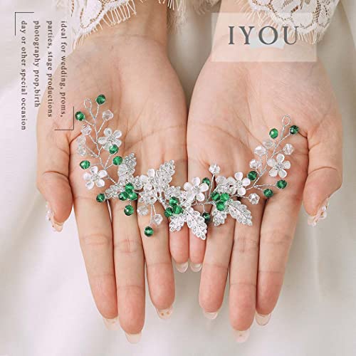 IYOU Flower Wedding Hair Vine Green Crystal Hair Accessories Bride Bridesmaid Headband Headpiece for Women - Image 4