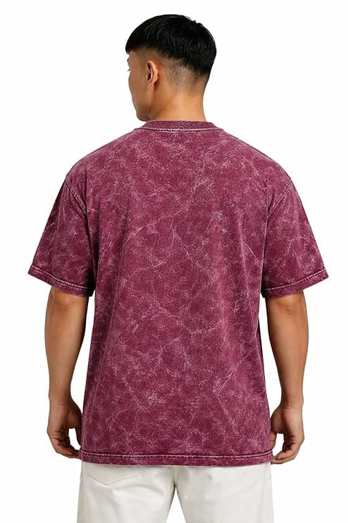 Image of VEL Heavy GSM Pure French Terry Cotton Men's Graphic Print Oversized Fit Half Sleeve Round Neck Cotton Acid Wash Print T-Shirt