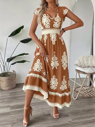 Image of PerZeal Women's 2026 Summer Short Sleeves Dresses Boho Floral Print Tiered Casual Flowy Long Maxi Dress