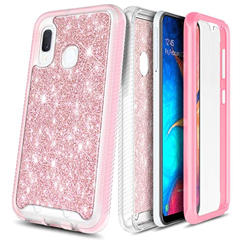 E-Began Galaxy A10e Case with Built-in Screen Protector, Full-Body Protective Rugged Matte Bumper Cover, Shockproof Impact Resist Durable Glitter Shiny Bling Case for Samsung Galaxy A10e -Rose Gold