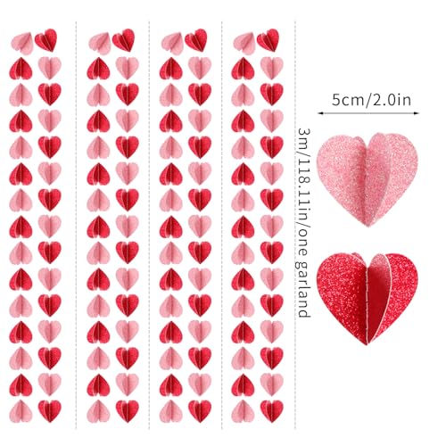 Image of Galentines Party-Decorations Valentines-Day 3D-Heart Garland - 40ft Red Pink Streamers Paper Banner, Proposal Anniversary Romantic Birthday Baby Shower Rustic Wedding Hanging Ornaments Decor Hugfond