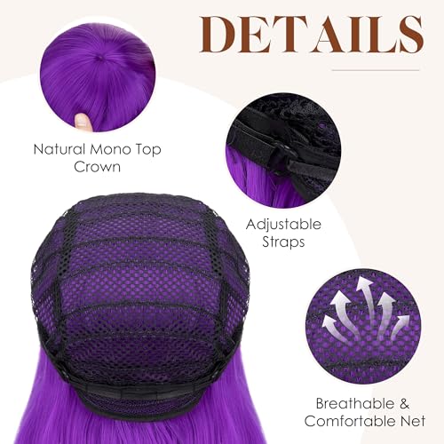 Image of S-noilite Purple Wig 26 inch Long Wavy Purple Anime Cosplay Wig with Bangs for Women Heat Resistant Synthetic Hair Colorful Wigs for Halloween Costume Party