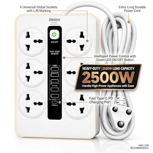 Image of MD Proelectra Premium Strong Extension Board with 6 Universal Sockets, 5 USB Ports, 1 Type-C, 2500W Power Strip with LED Display and Master Switch, Multi Plug Board for Home & Office