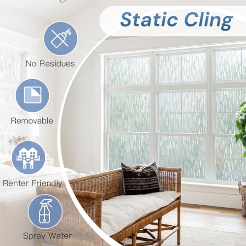 Image of LUTE Window Privacy Film, Frosted Glass Window Film, Linear Frosted | Non-Adhesive Frost Vinyl Glass Door Covering, Static Cling UV Blocking, for Home Office, 17.5 inch x 118.1 inch