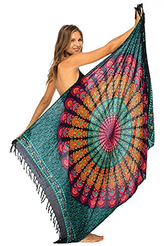 Back From Bali Womens Beach Swimsuit Bikini Cover Up Wrap and Clip Sarong Peacock Black Colorful - Image 3
