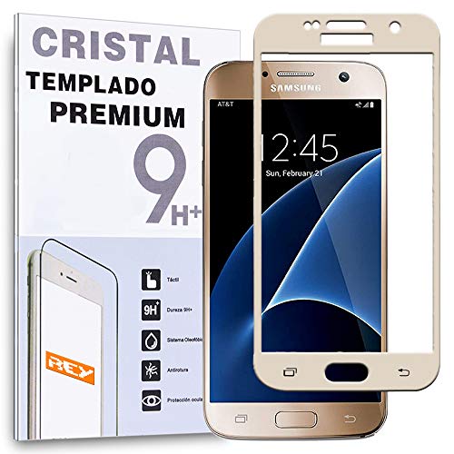 REY Protector de Pantalla Curvo para Samsung Galaxy S7, Oro, Cristal Vidrio Templado Premium, 3D / 4D / 5D